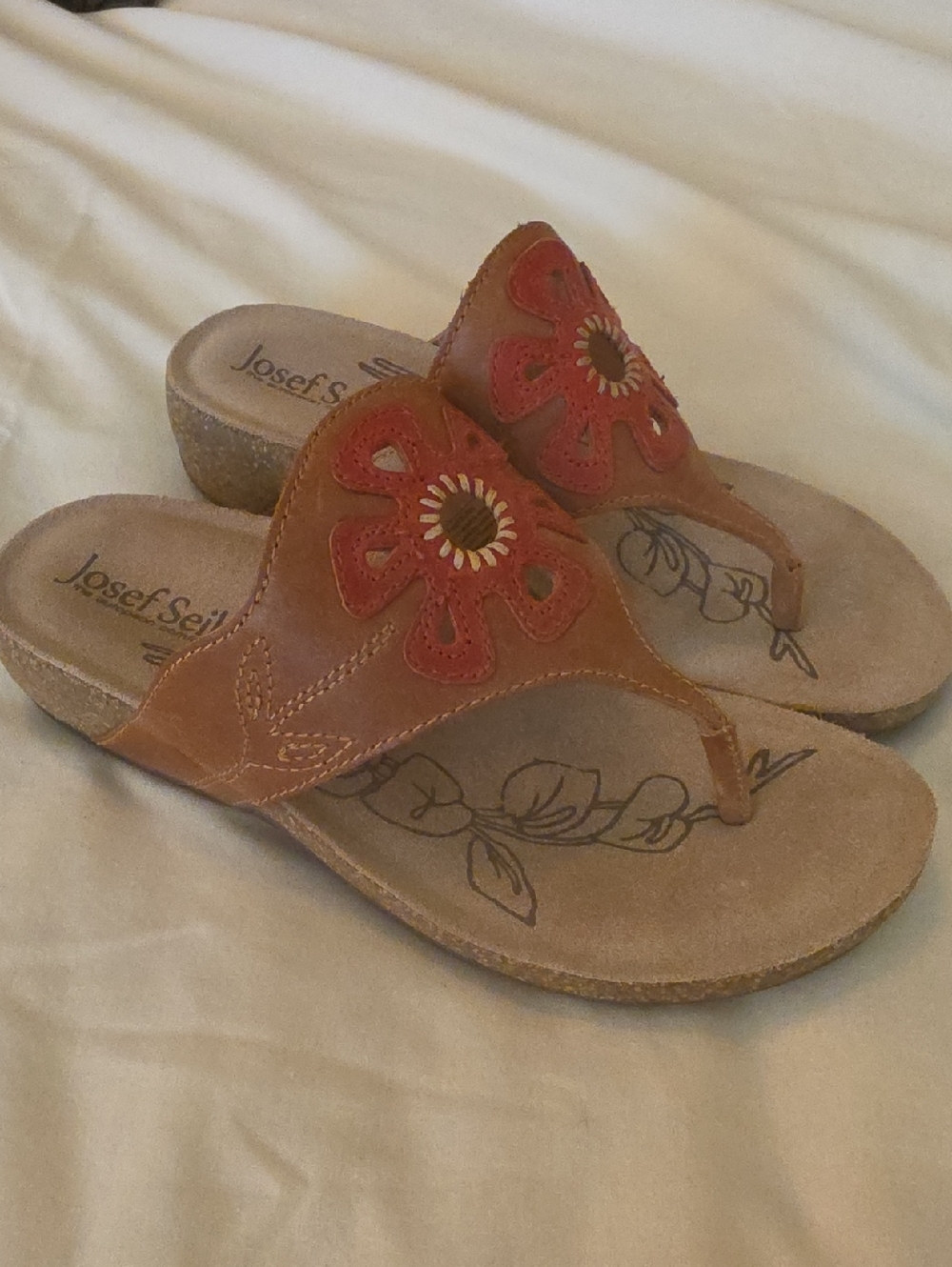 Josef Seibel Tan Leather Slide Sandals with Red Floral Accent